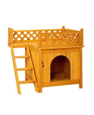 Slickblue 2-Story Wooden Feral Cat House & Dog House: Outdoor/Indoor Pet House with Stairs - Yellow