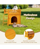 Slickblue 2-Story Wooden Feral Cat House & Dog House: Outdoor/Indoor Pet House with Stairs - Yellow