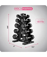 HolaHatha 5, 8, 10, 12 & 15 Pound Hexagonal Dumbbell Weight Set with Rack, Black