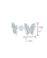 Bling Jewelry Marquise Baguette Cz Cubic Zirconia 3D Garden Fluttering Butterfly Stud Earrings .925 Sterling Silver