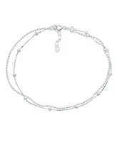 Bling Jewelry Simple 2 In 1 Set Tiny 3MM Station Shaped Beads Double Chain Anklet Strand Ankle Bracelet For Women .925 Sterling Silver 9