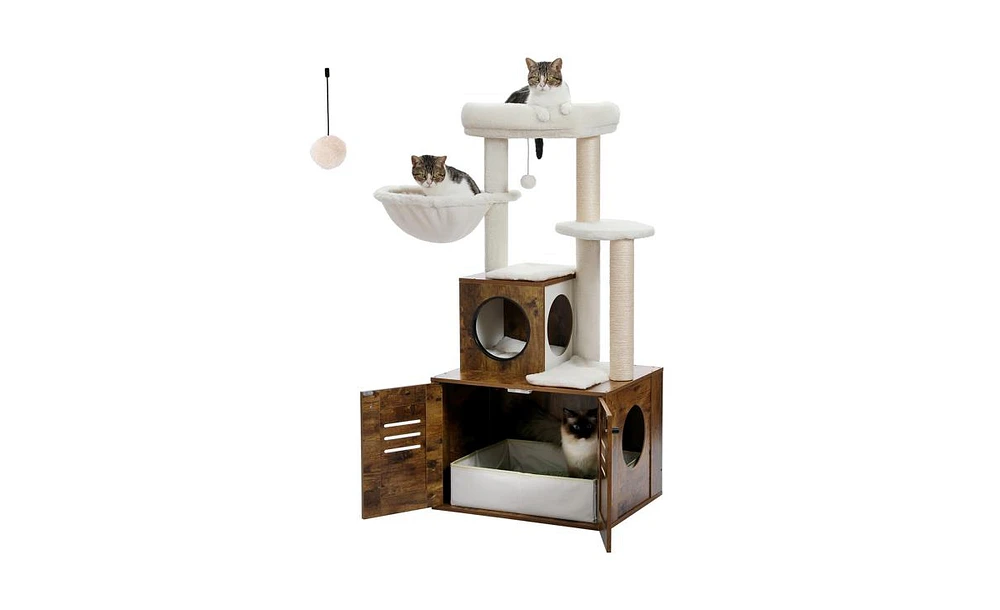 Slickblue Cat Tree with Litter Box Enclosure – 50'' Modern Cat Tree for Large Cats with Condo, Wooden Furniture, Large Hammock