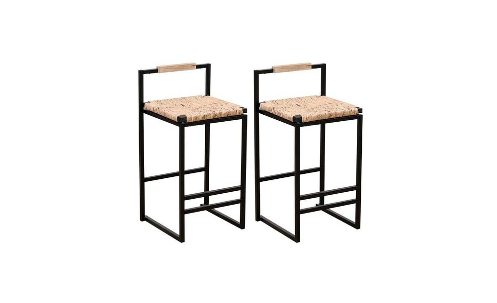 Slickblue Set of 2 Water Hyacinth Woven Bar Stools with Back Support for Counter Height Kitchen Dining