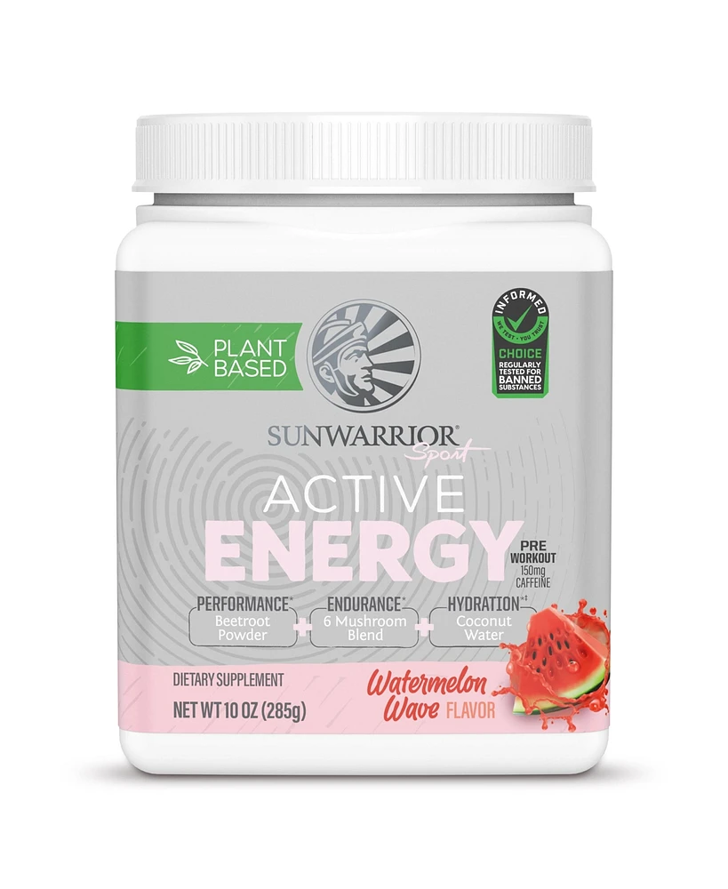 Sunwarrior Active Energy Pre-Workout Plus Hydration Powder, Watermelon Wave Flavor, 285g Tub