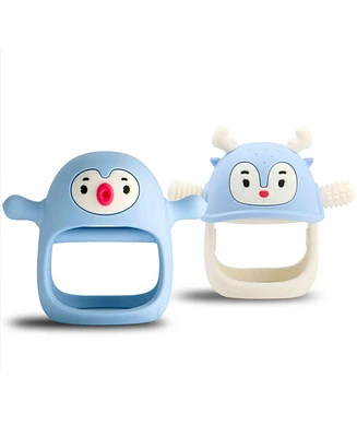 Smily Mia 2 1 Reindeer & Penguin Baby Teething Toy Set for Infants 3 Months Plus, Soothing Wearable Chew Sucking Needs - Light Pink