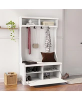 Slickblue Entryway Hall Tree with Coat Rack: 4 Hooks, Storage Bench & Shoe Cabinet - White