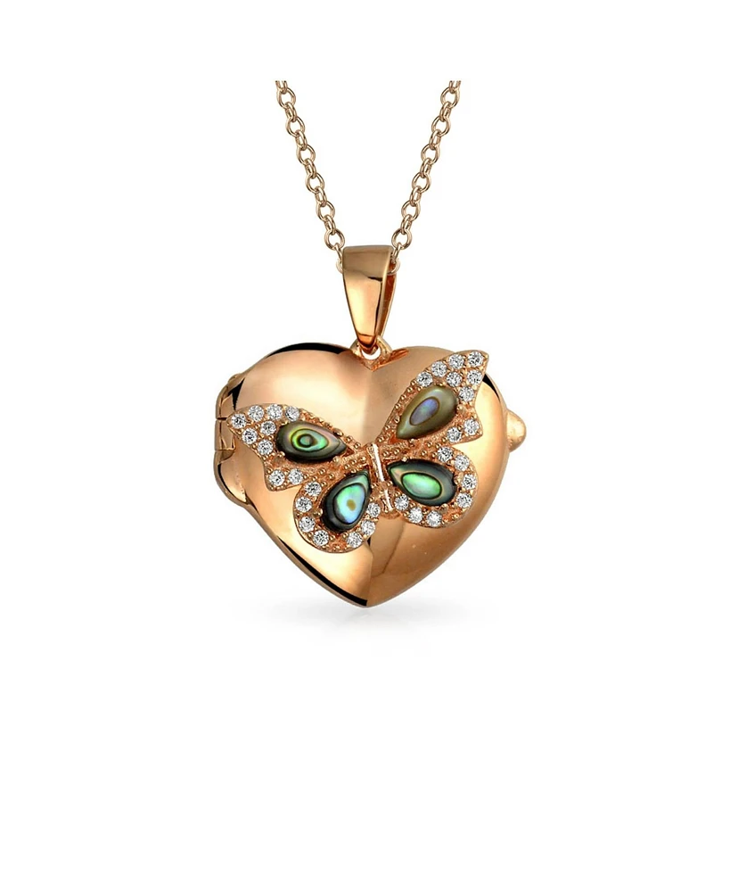 Bling Jewelry Abalone Shell Cz Butterfly Heart Shape Locket For Women Pendant Necklace Rose Gold Plated .925 Sterling Silver