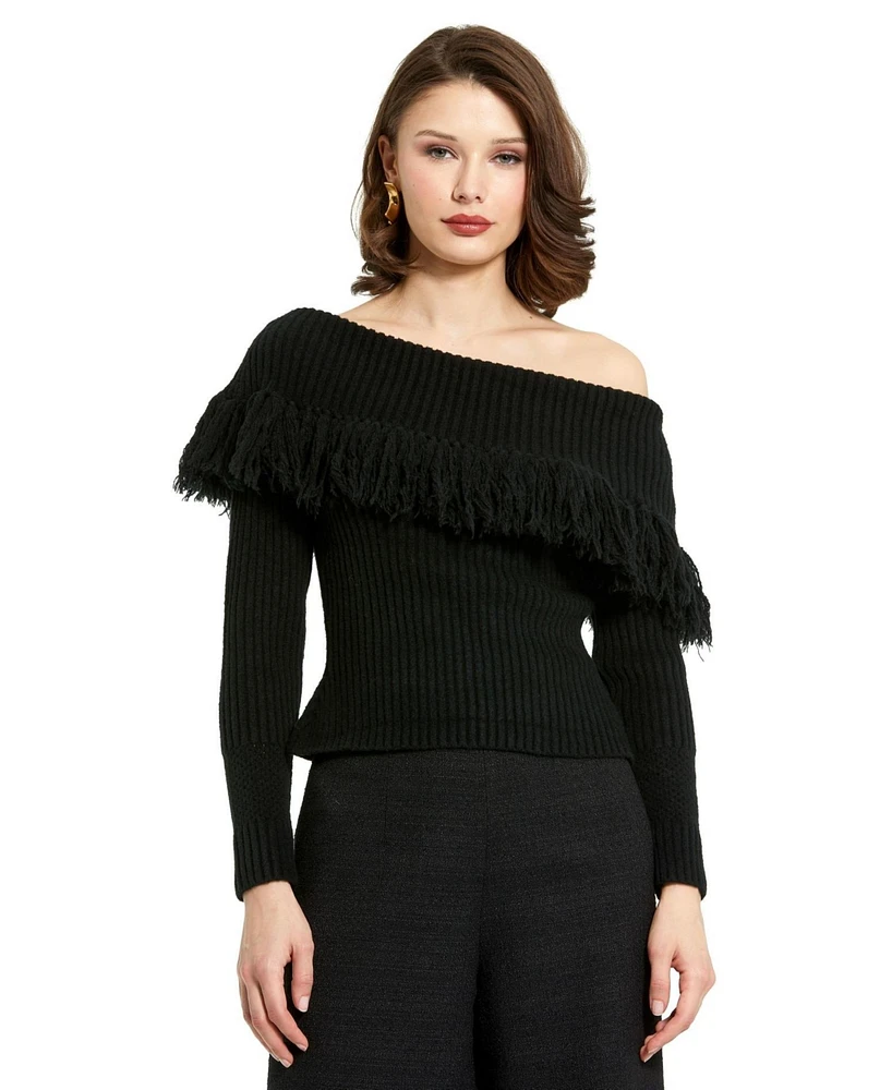 Mac Duggal Women's Off The Shoulder Fringe Knit Sweater