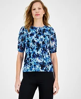 Anne Klein Women's Printed Jewel-Neck Ruched-Sleeve Top