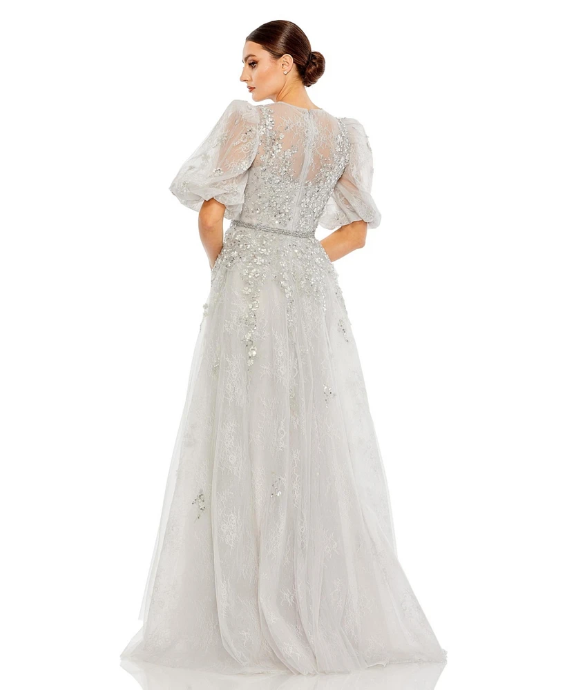 Mac Duggal Women's Embellished Puff Sleeve A Line Gown