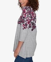 Ruby Rd. Petite Split Neck Floral Print Hatchi Knit Sharkbite Top with Bar Detail