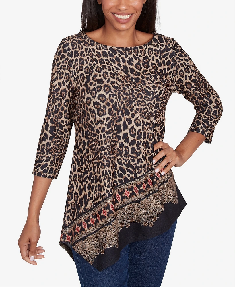 Ruby Rd. Petite Ballet Neck Animal Printed Hatchi Knit Top with Asymmetric Paisley Border Print Hem