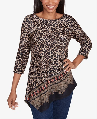 Ruby Rd. Petite Ballet Neck Animal Printed Hatchi Knit Top with Asymmetric Paisley Border Print Hem