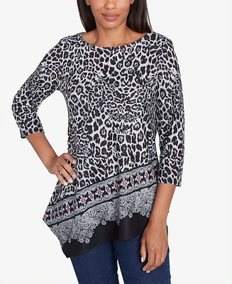 Ruby Rd. Petite Ballet Neck Animal Printed Hatchi Knit Top with Asymmetric Paisley Border Print Hem