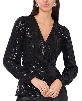 Vince Camuto Women's Sequined Faux-Wrap Long-Sleeve Top