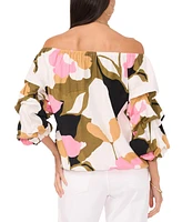 Vince Camuto Women's Printed Linen-Blend Off The Shoulder Bubble Sleeve Tie Front Top