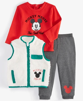 Disney Baby Boys Mickey Mouse Faux-Fur Vest, T-Shirt & Jogger Pants, 3 Piece Set