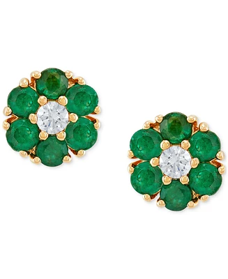 Emerald (7/8 ct. t.w.) & White Sapphire (1/6 ct. t.w.) Flower Stud Earrings in 10k Gold