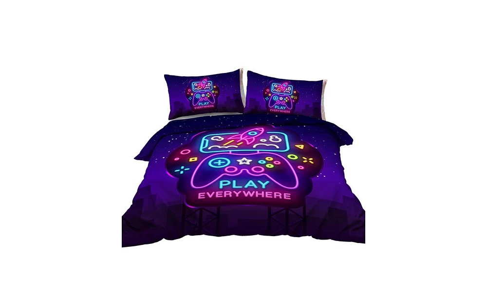 Slickblue 3-Piece Trippy Neon Gamepad Duvet Cover Set – Twin Size Soft Bedding for Gamers