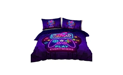 Slickblue 3-Piece Trippy Neon Gamepad Duvet Cover Set – Twin Size Soft Bedding for Gamers