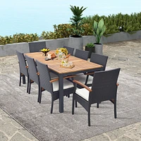 Costway 9 Pcs Patio Rattan Dining Set with Acacia Wood Table, Cushions