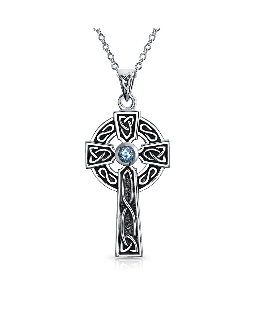 Bling Jewelry Ancient Irish Love Knot Symbol Blue Topaz Cz Celtic Claddagh Religious Trinity Cross Pendant Necklace For Women Oxidized .925 Sterling S