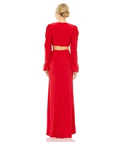 Mac Duggal Women's Jersey Puff Sleeve Cut Out Column Gown