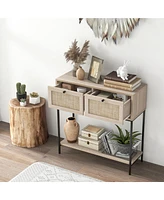 Costway Rattan Console Table with 2 Rattan Drawers & Open Storage Shelf Metal Legs