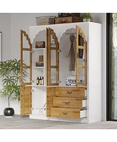 Famapy Brown Bedroom Armoire in Victorian Style, With Glass Doors, Hanging Rod, Drawers
