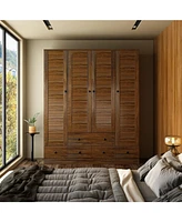 Homsee Brown Wood 4 Shutter Doors Armoires Wardrobe with Drawers, Hanging Rod