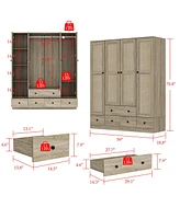Homsee Brown Wood Grain Rattan Doors Design Armoires Wardrobe with 5-Drawers