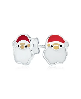 Bling Jewelry Small Holiday Winter White Red Enamel Christmas Cartoon Jolly Santa Claus Stud Earrings For Women .925 Sterling Silver