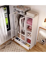Famapy White Wood Armoires Wardrobe with Hanging Rods, 3-Drawers, Open Shelves