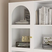 Famapy 79.1 in. Tall White Wood 13-Shelf Standard Bookcase with Writing Desk Table, Glass Door Cabinet, -Drawers, French Style