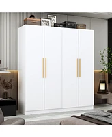 Famapy Gray Wood 4-Door Wardrobe Armoires with Hanging Rod and Storage Shelves