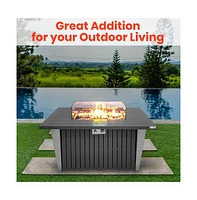 SereneLife 50,000 Btu Propane Gas Fire Pit Table with Glass Wind Guard and Blue Glass Rocks