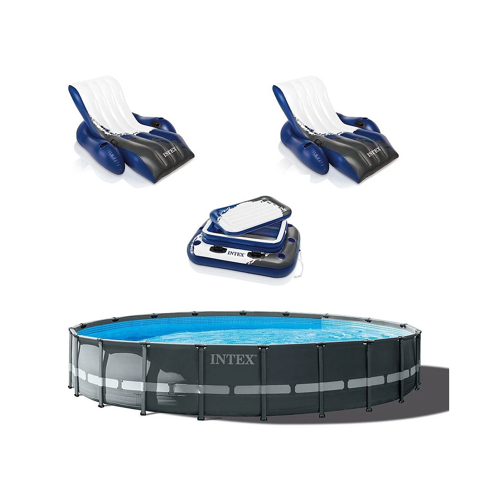 Intex 24ft x 52in Ultra Xtr Round Frame Pool, Loungers (2 Pack), Floating Cooler