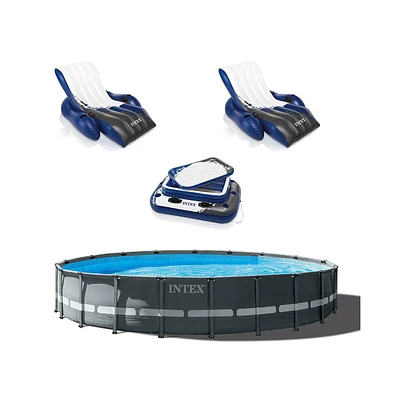 Intex 24ft x 52in Ultra Xtr Round Frame Pool, Loungers (2 Pack), Floating Cooler