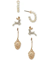 lonna & lilly Two-Tone 3-Pc. Set Pave & Imitation Pearl Reindeer Earrings