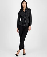 Anne Klein Women's Dot-Print Mixed-Media Tie-Neck Blouse