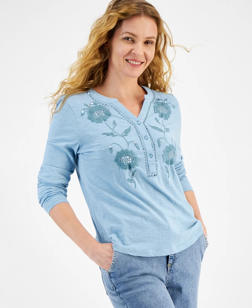 Style & Co Women's Cotton Shine Embroidered Henley Top, Created for Macy's