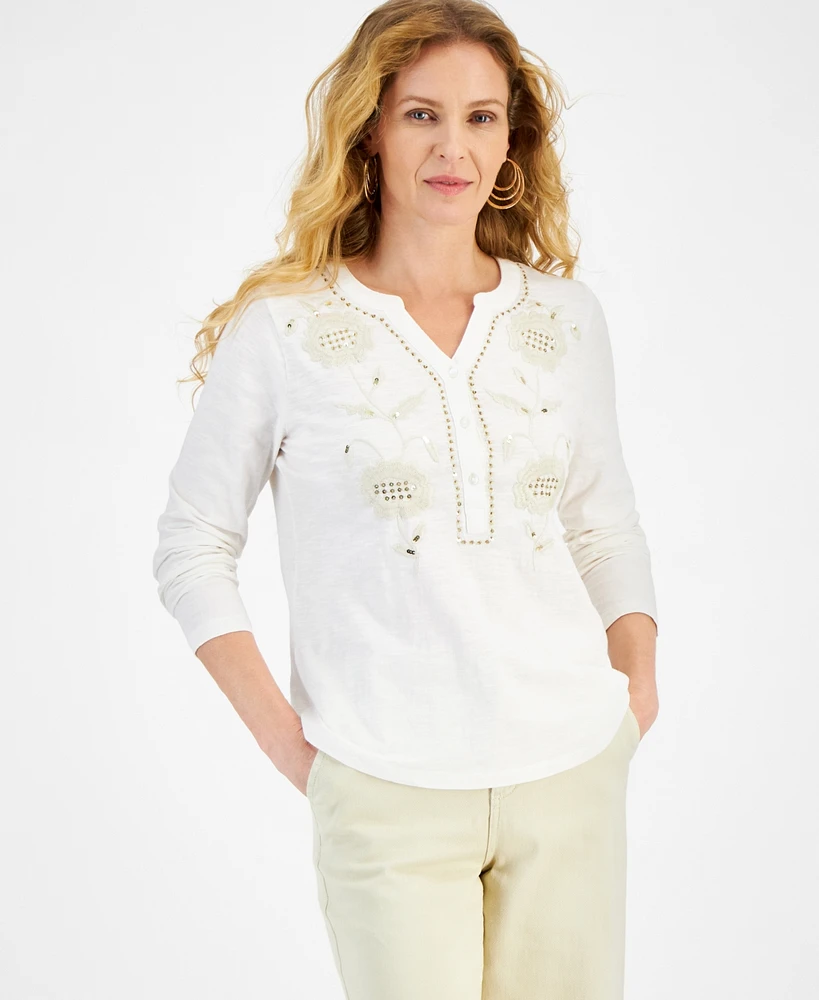 Style & Co Women's Cotton Shine Embroidered Henley Top, Created for Macy's