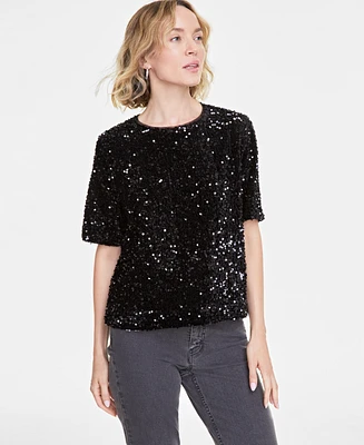 On 34th Women's Sequin Velvet Short-Sleeve Top, Created for Macy's