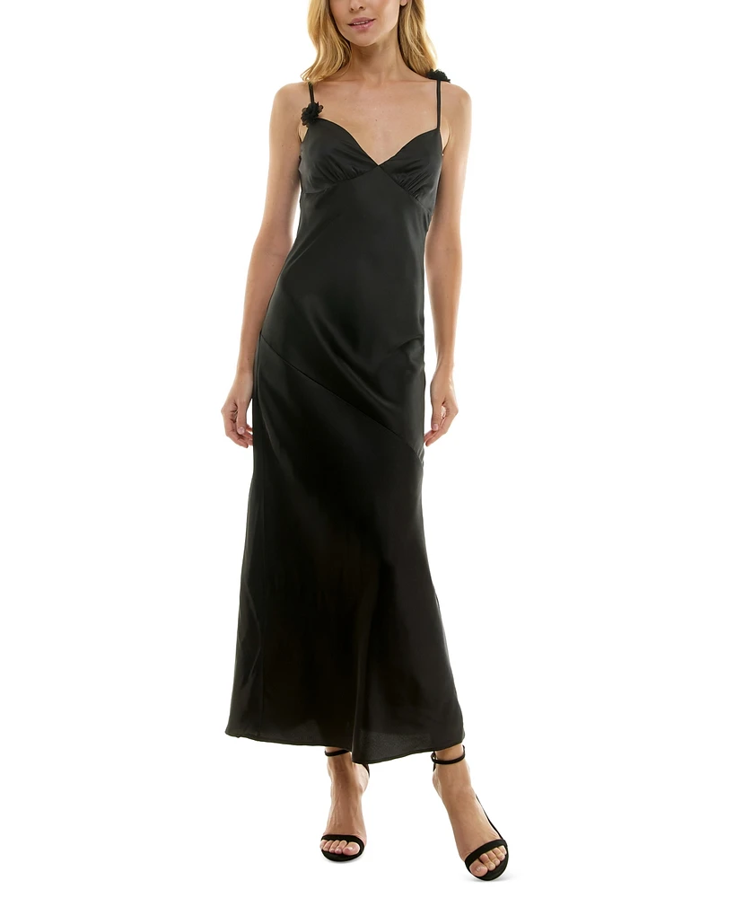 Crystal Doll Juniors' Strappy Floral Satin Maxi Dress