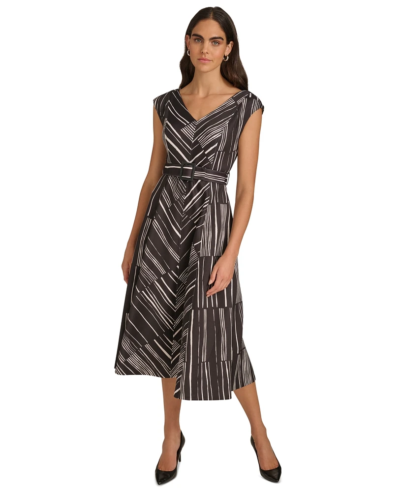 Calvin Klein Women's Printed Belted Cap-Sleeve A-Line Midi Dress