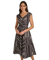 Calvin Klein Women's Printed Belted Cap-Sleeve A-Line Midi Dress