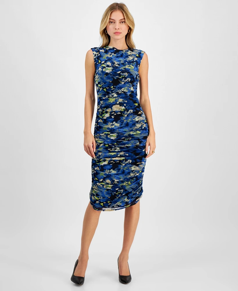 Bar Iii Women's Floral-Print Mesh Ruched Sheath Dress, Exclusively at Macy's