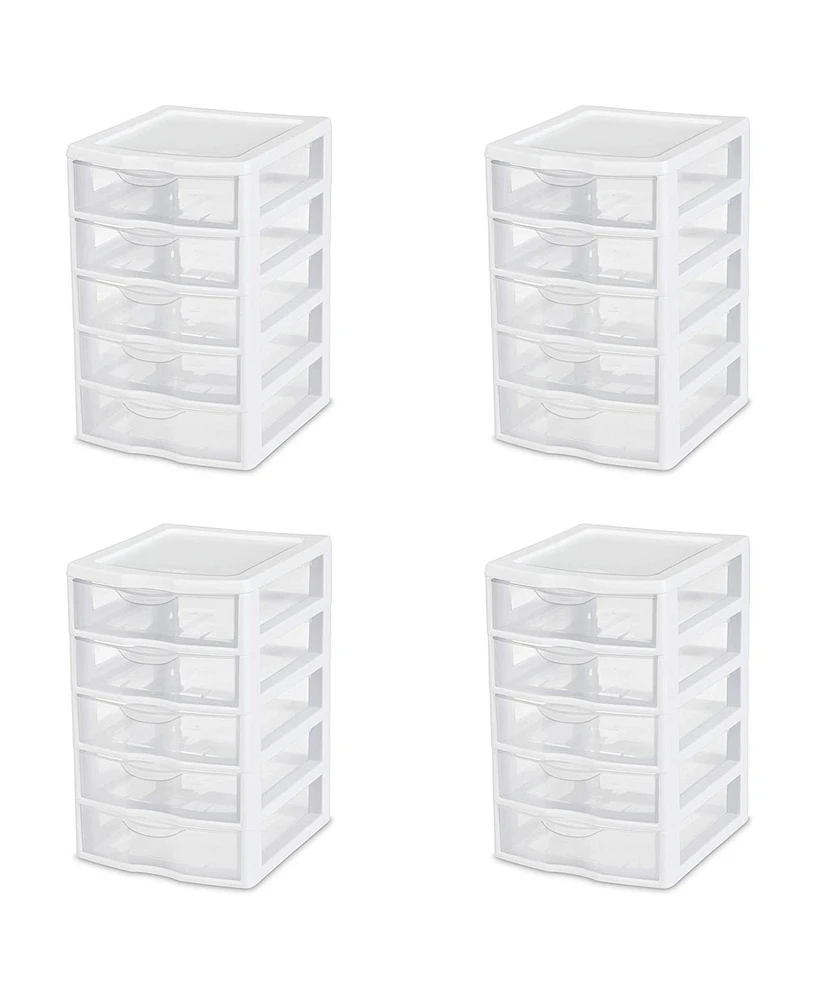 Sterilite Clearview Small Plastic 5 Drawer Desktop Storage System, 4 Pack, White