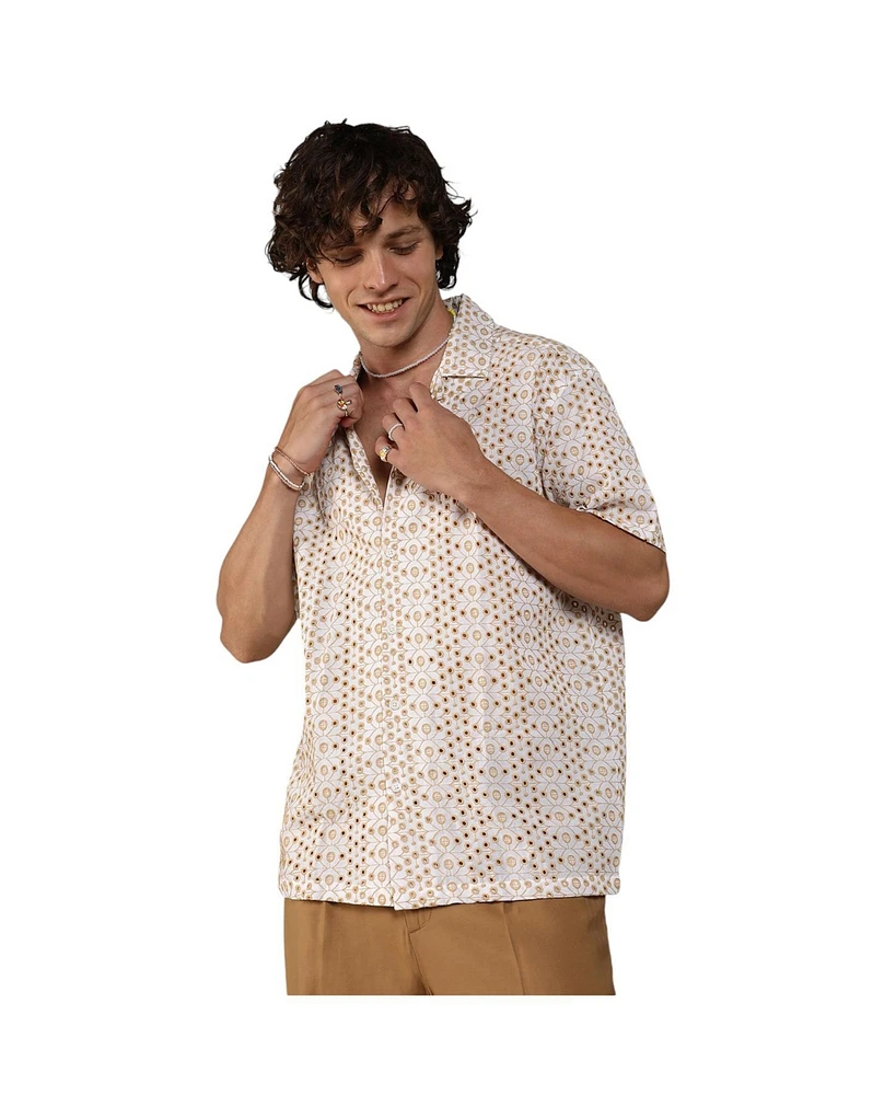 Campus Sutra Men's Off-White & Tan Brown Embroidered Circular Shirt