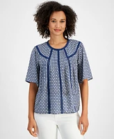 Nautica Jeans Women's Cotton Printed Crochet-Trim Top